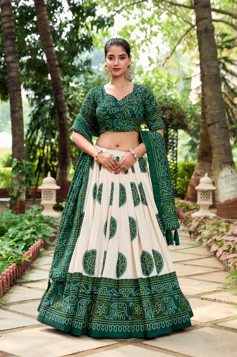 Womenline Green Color Tussar Silk Bandhej Printed Lehenga Choli