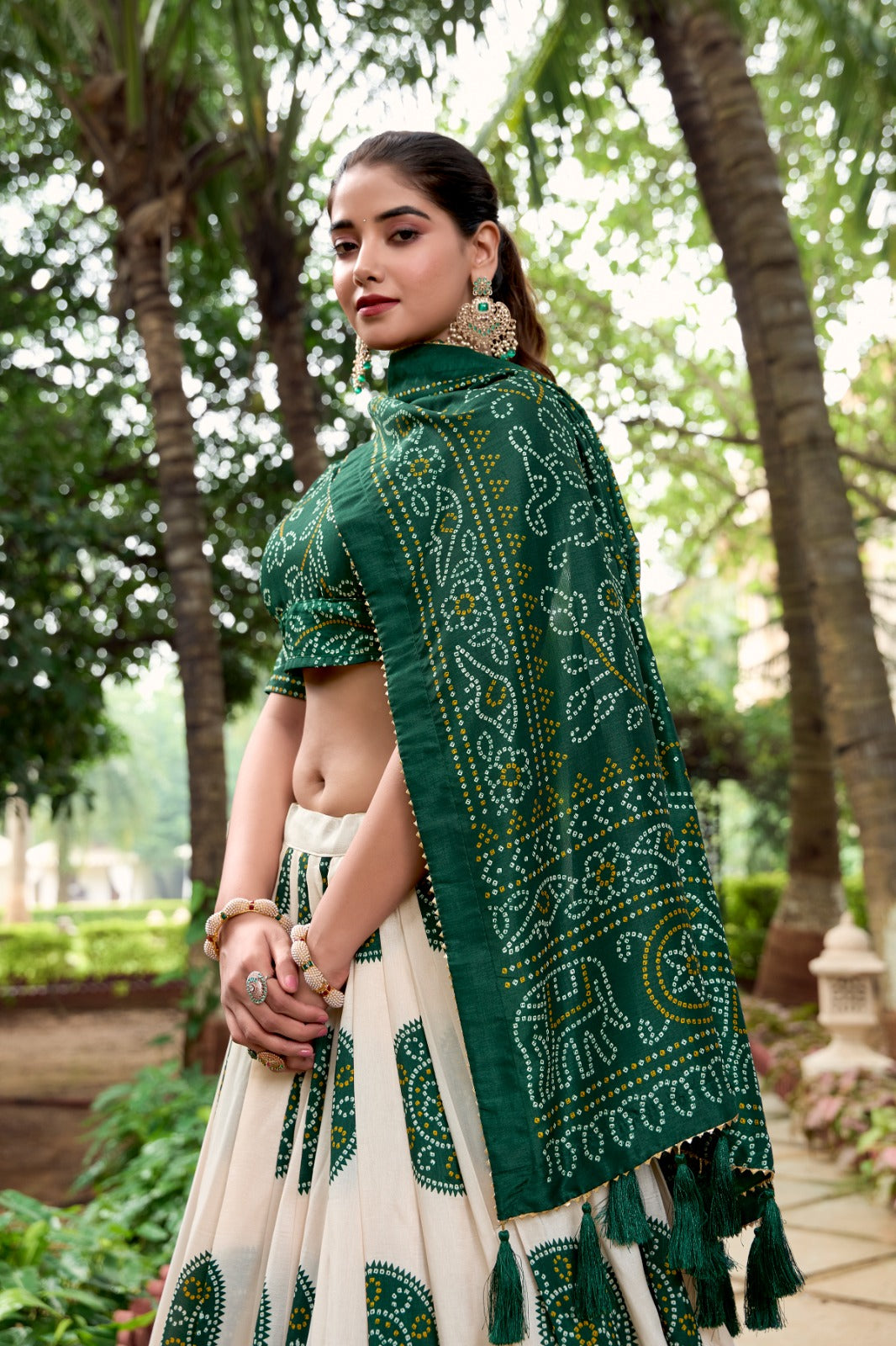 Womenline Green Color Tussar Silk Bandhej Printed Lehenga Choli