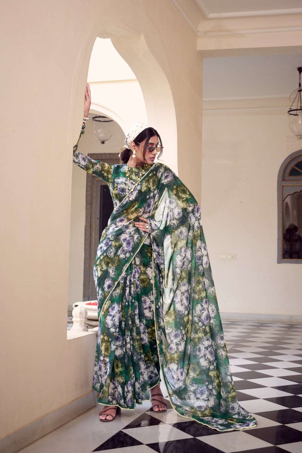 Womenline Green Color Weightless Marble Printed Saree
