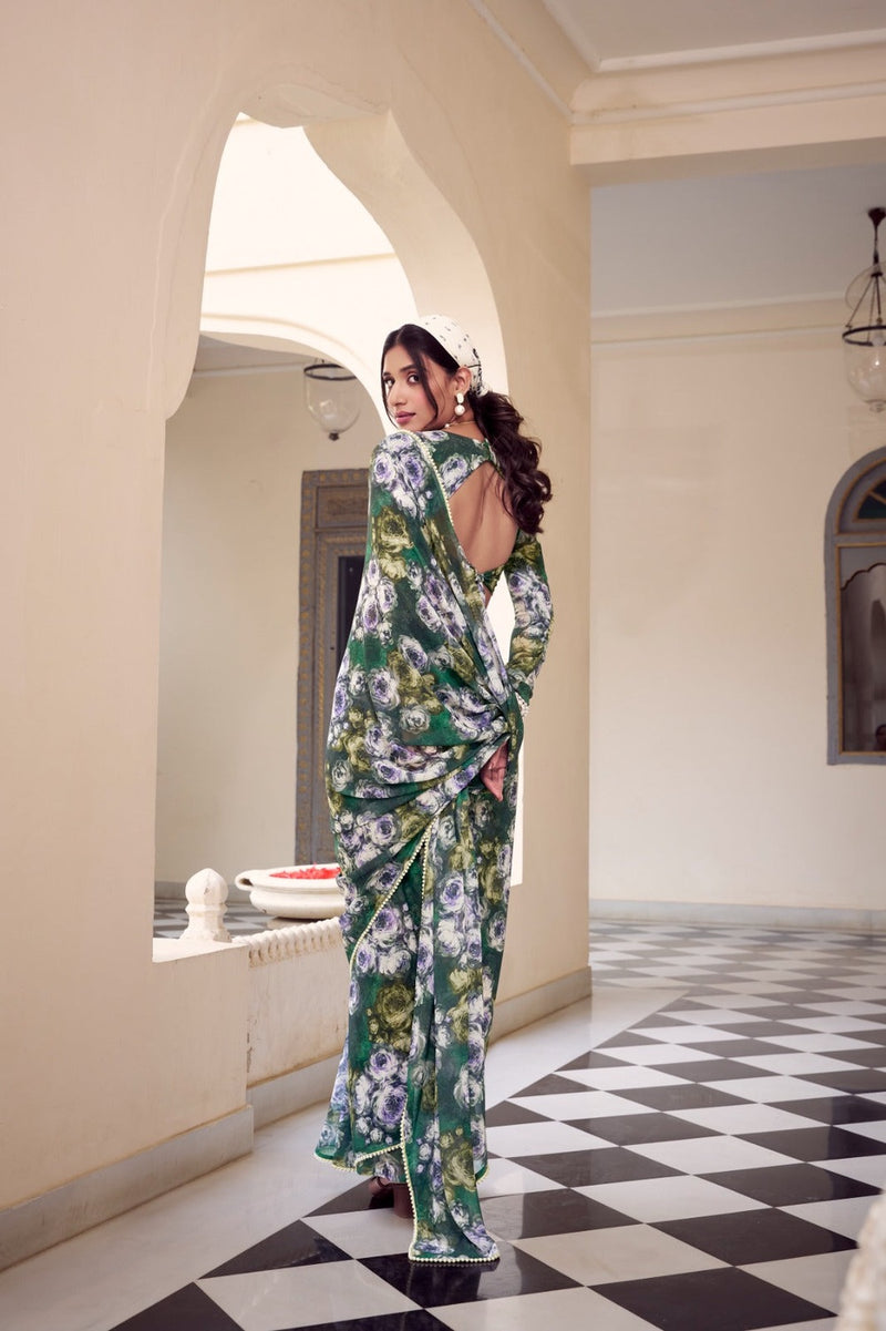 Womenline Green Color Weightless Marble Printed Saree