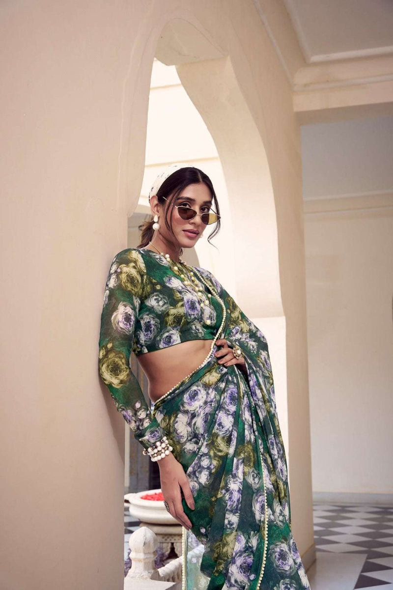 Womenline Green Color Weightless Marble Printed Saree