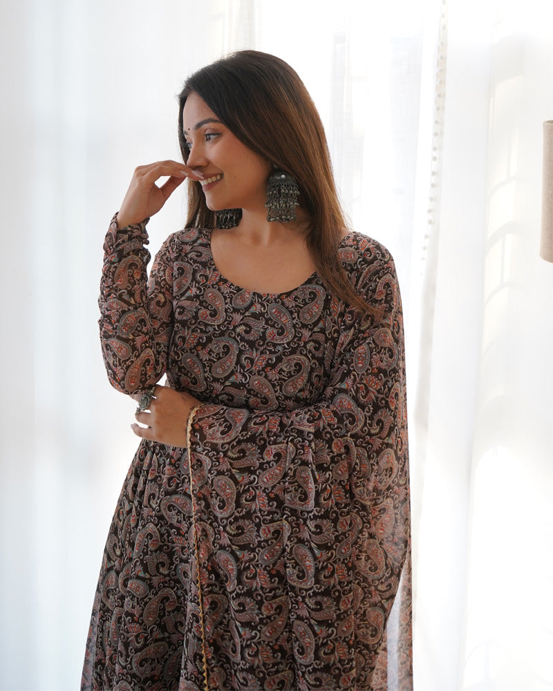 Womenline Kalamkari Black Color Anarkali Three Piece Suit