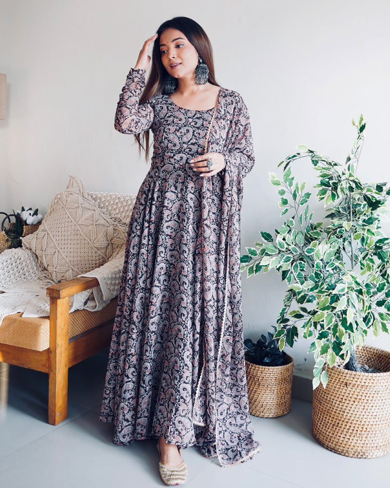 Womenline Kalamkari Black Color Anarkali Three Piece Suit