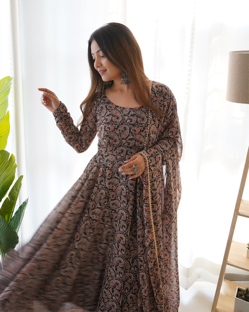 Womenline Kalamkari Black Color Anarkali Three Piece Suit