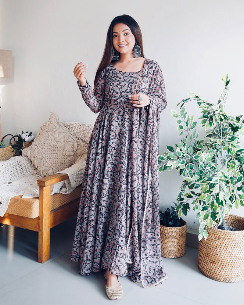 Womenline Kalamkari Black Color Anarkali Three Piece Suit