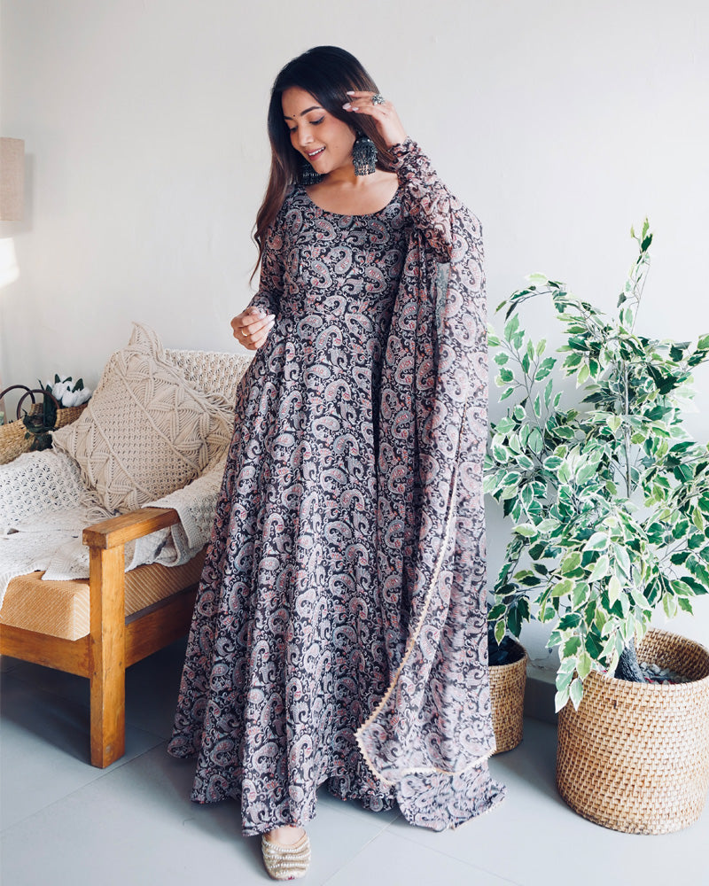 Womenline Kalamkari Black Color Anarkali Three Piece Suit