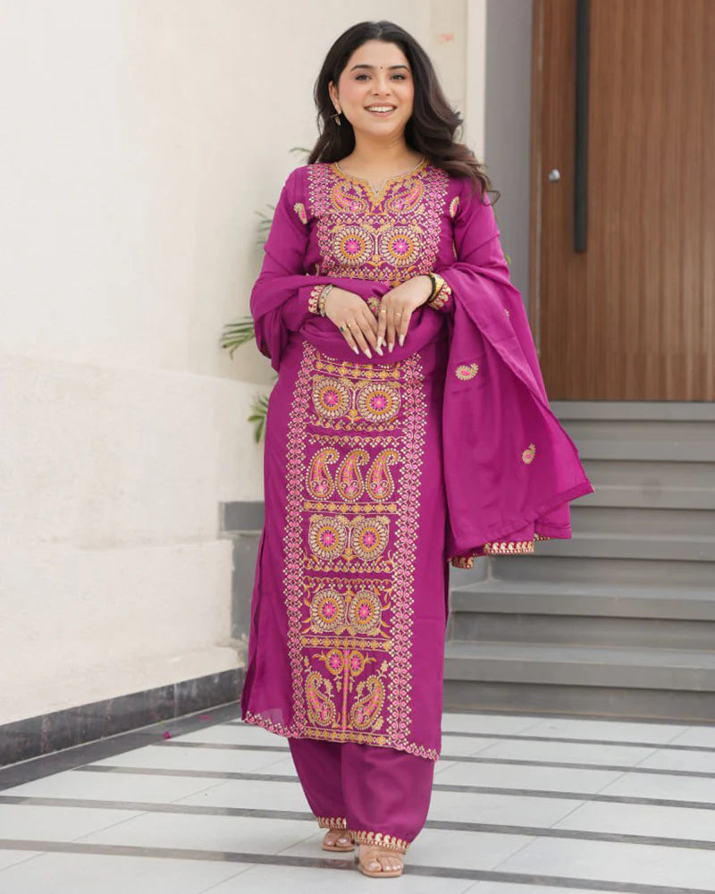 Womenline Magenta Color Chinon Embroidered Kurti Suit