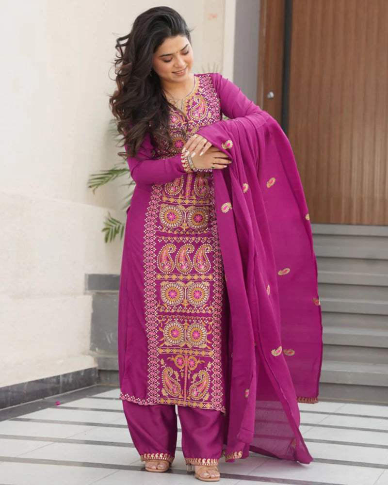 Womenline Magenta Color Chinon Embroidered Kurti Suit