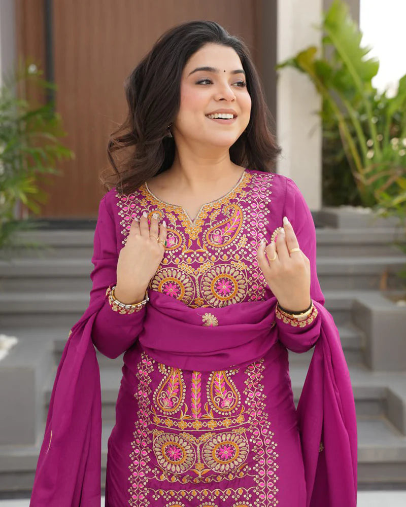 Womenline Magenta Color Chinon Embroidered Kurti Suit