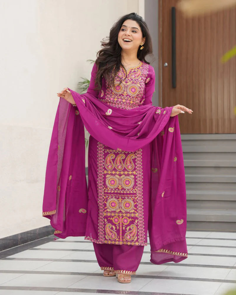 Womenline Magenta Color Chinon Embroidered Kurti Suit