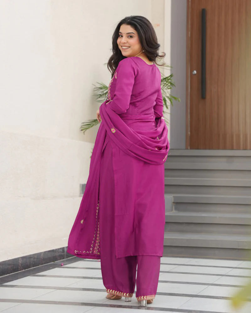 Womenline Magenta Color Chinon Embroidered Kurti Suit