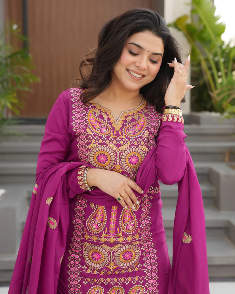 Womenline Magenta Color Chinon Embroidered Kurti Suit