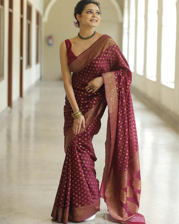 Womenline Maroon Color Banarasi Jacquard Soft Silk Saree
