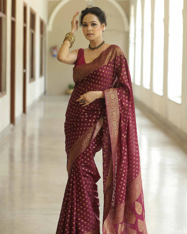 Womenline Maroon Color Banarasi Jacquard Soft Silk Saree