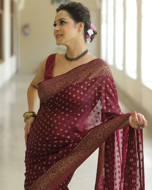 Womenline Maroon Color Banarasi Jacquard Soft Silk Saree