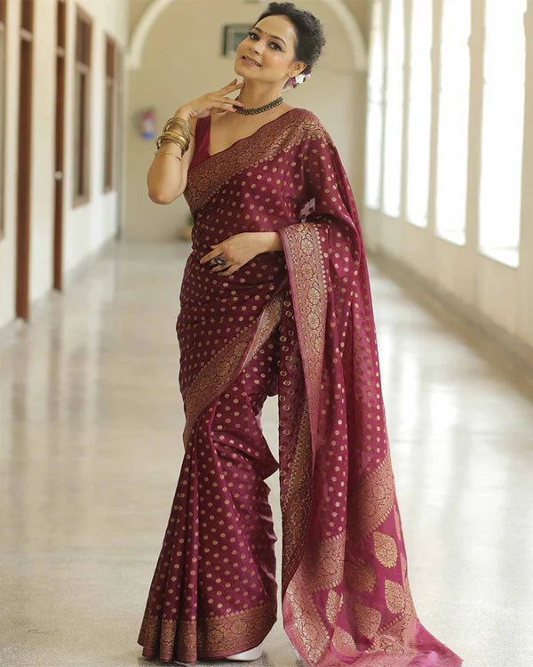 Womenline Maroon Color Banarasi Jacquard Soft Silk Saree