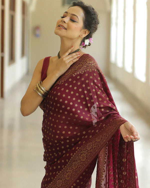 Womenline Maroon Color Banarasi Jacquard Soft Silk Saree
