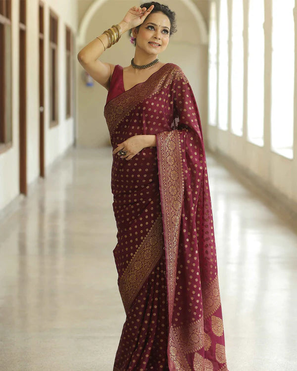 Womenline Maroon Color Banarasi Jacquard Soft Silk Saree