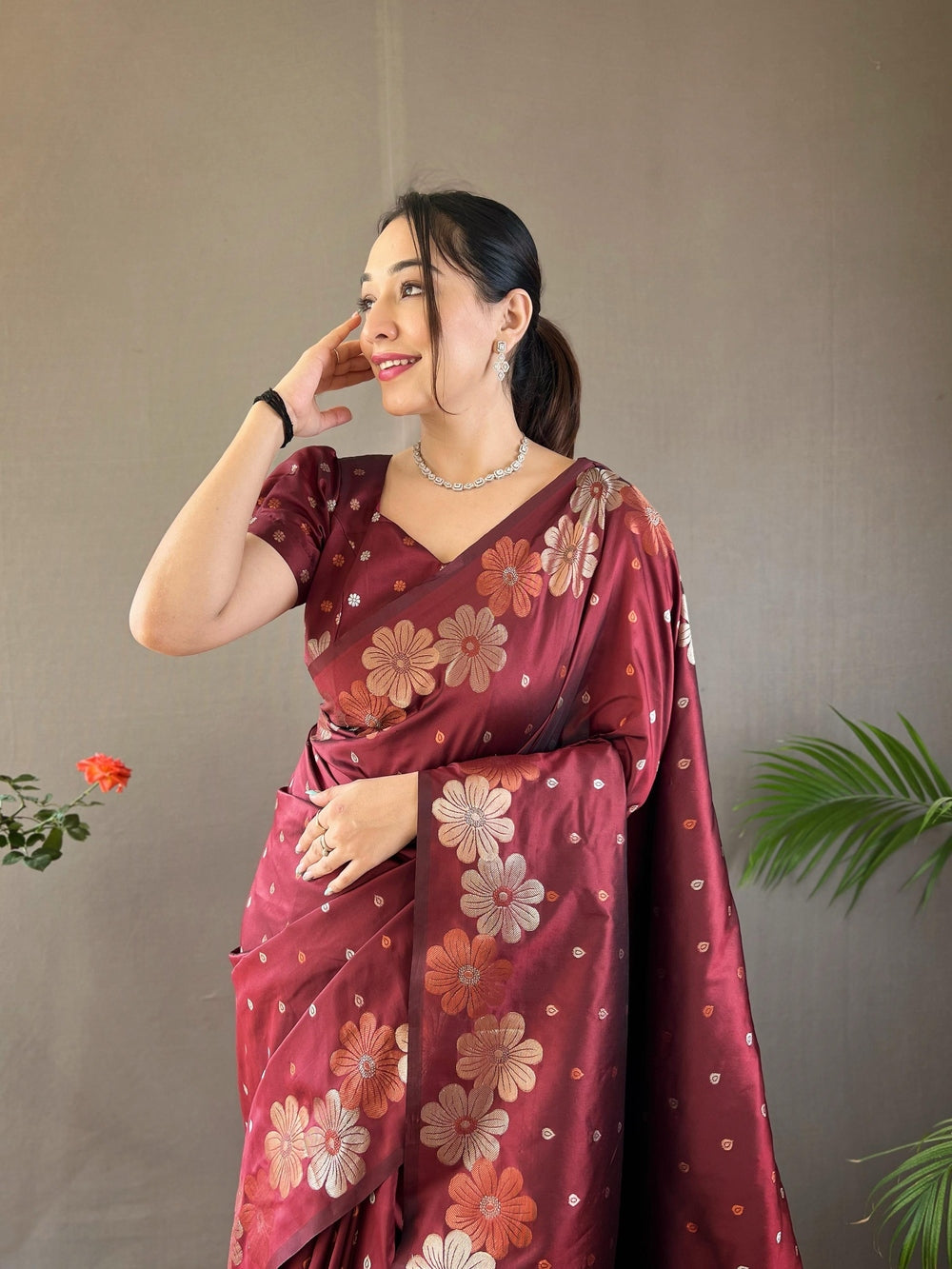 Womenline Maroon Color Banarasi Saree