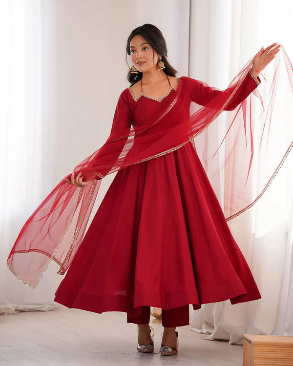 Womenline Maroon Color Chanderi Roman Silk Three Piece Anarkali Suit