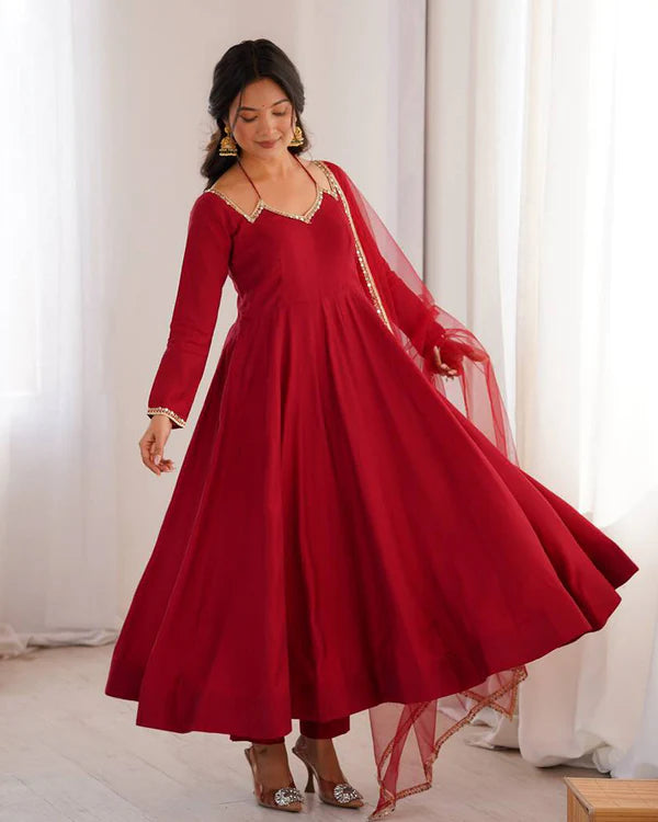 Womenline Maroon Color Chanderi Roman Silk Three Piece Anarkali Suit