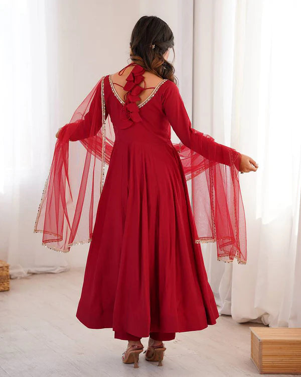 Womenline Maroon Color Chanderi Roman Silk Three Piece Anarkali Suit