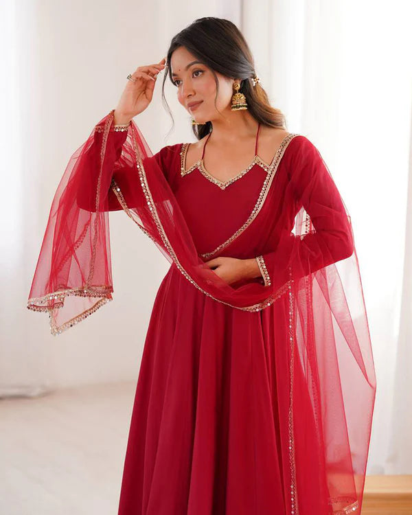Womenline Maroon Color Chanderi Roman Silk Three Piece Anarkali Suit