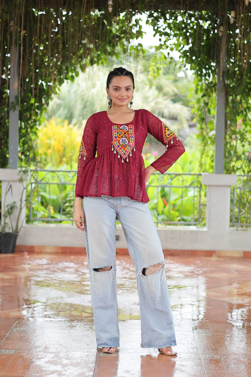 Womenline Maroon Color Georgette Navratri Tunic