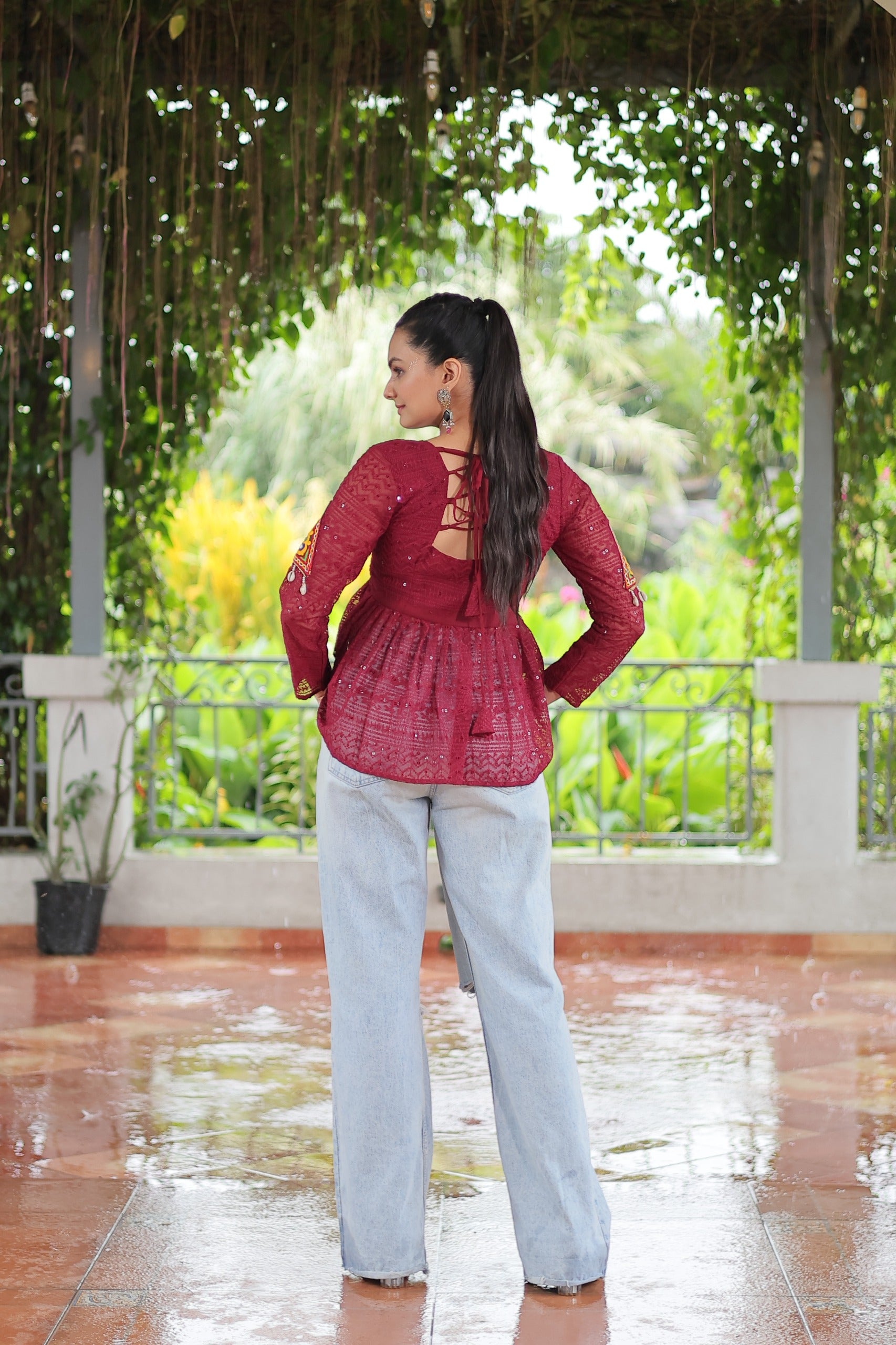 Womenline Maroon Color Georgette Navratri Tunic