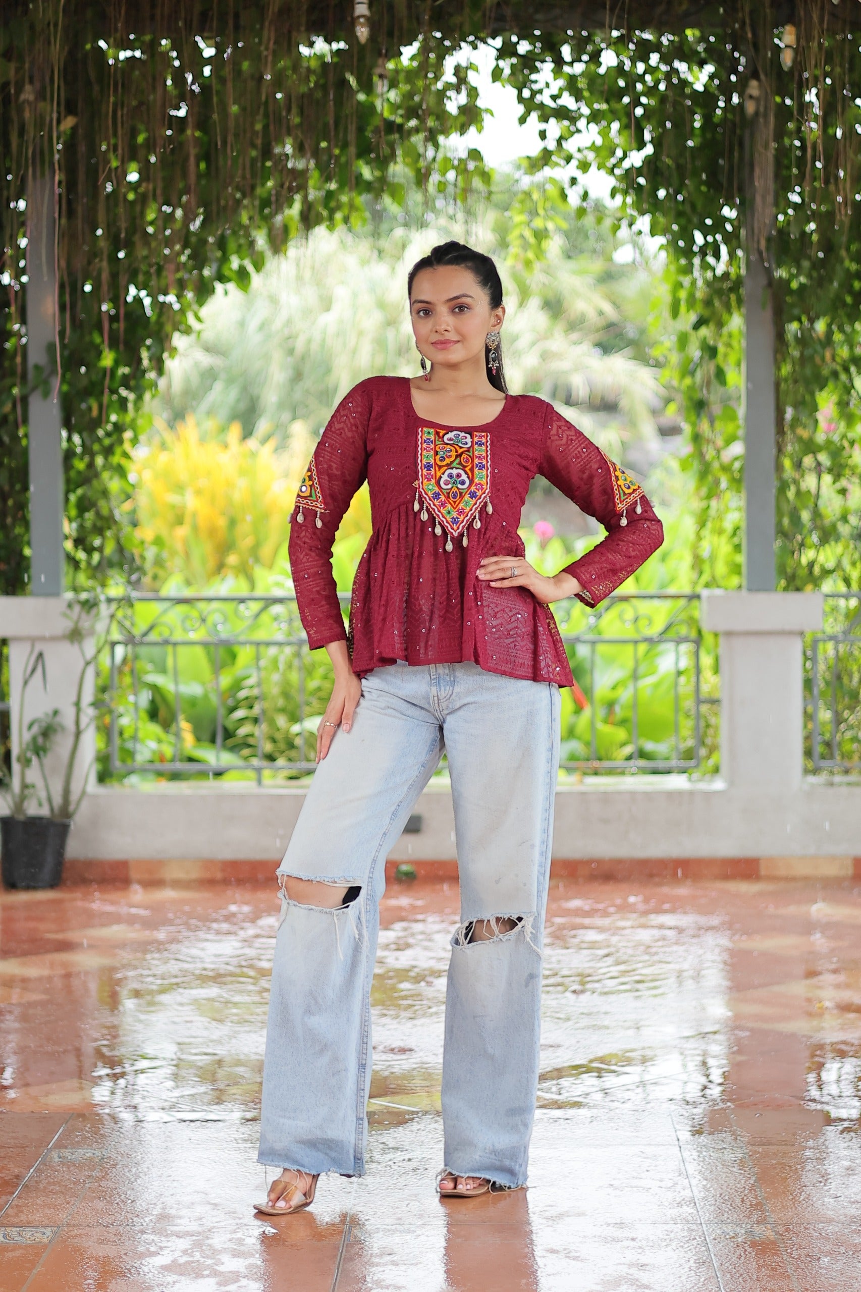 Womenline Maroon Color Georgette Navratri Tunic