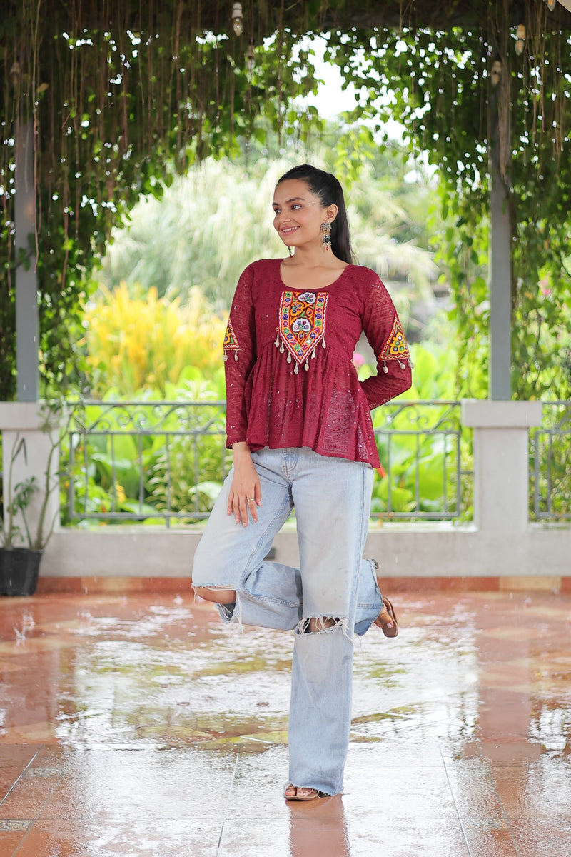 Womenline Maroon Color Georgette Navratri Tunic