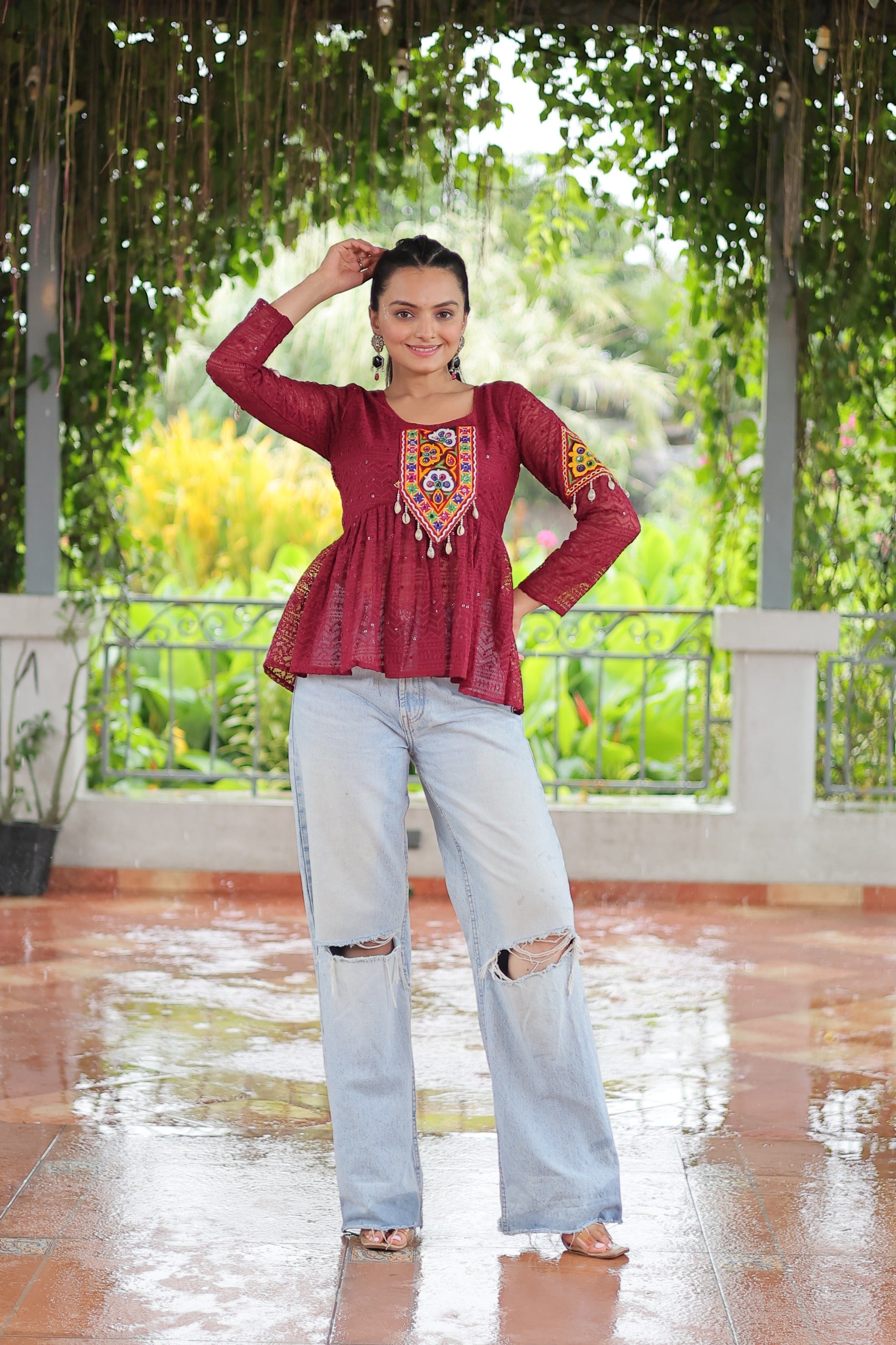 Womenline Maroon Color Georgette Navratri Tunic