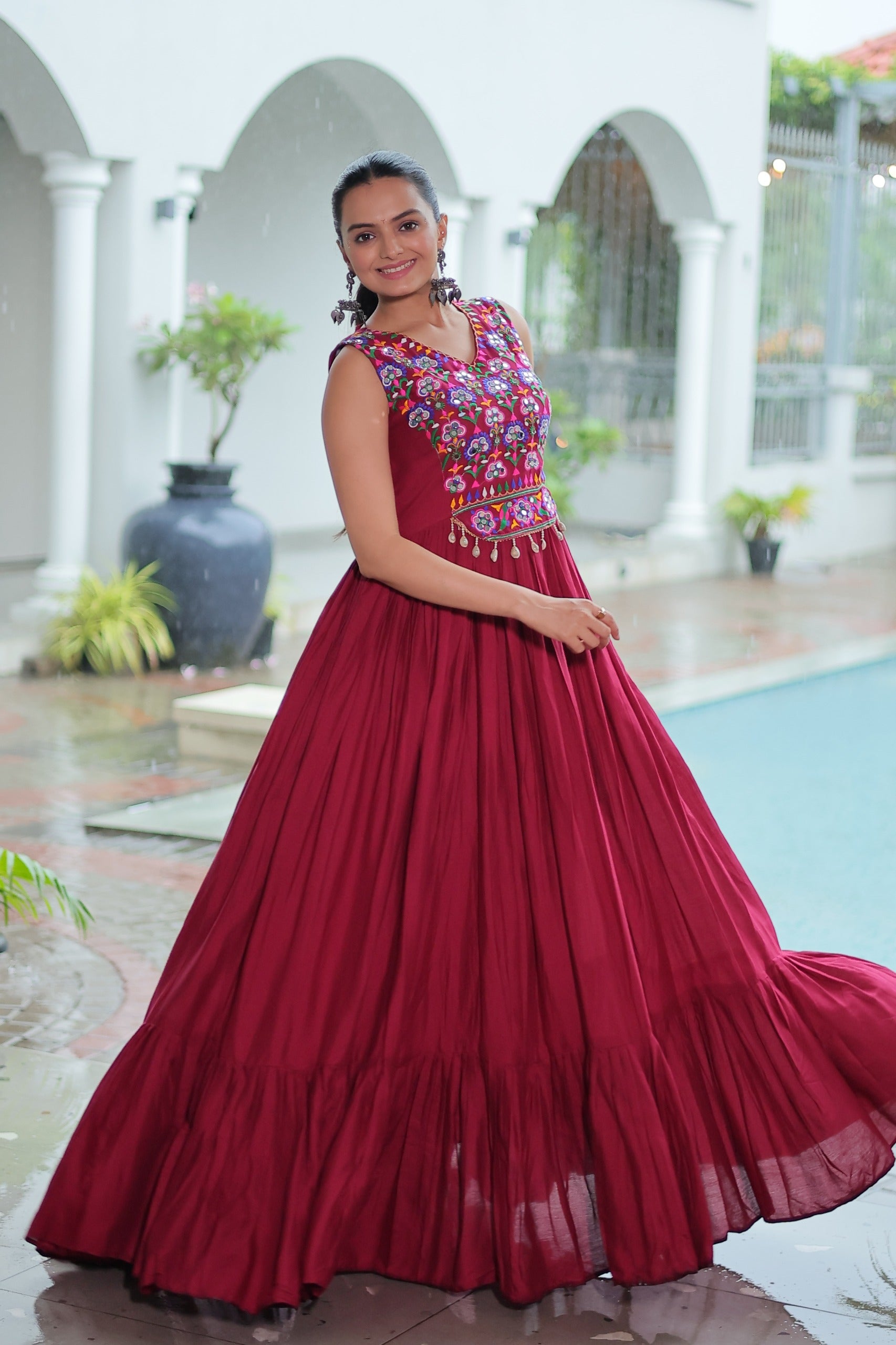 Womenline Maroon Color Reyon Navratri Gown