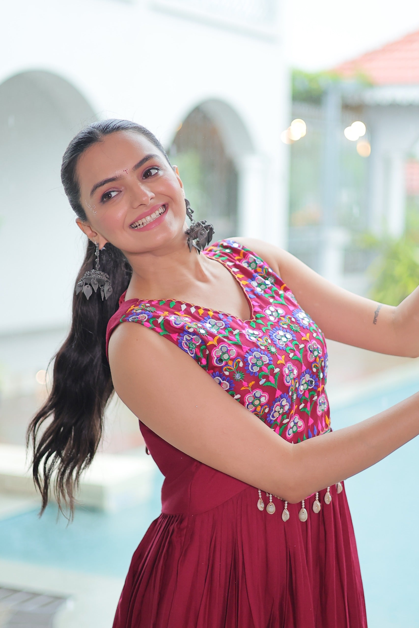 Womenline Maroon Color Reyon Navratri Gown