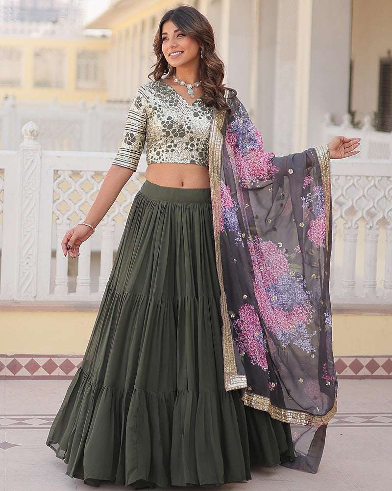 Womenline Mehndi Color Faux Georgette Frill Style Lehenga Choli