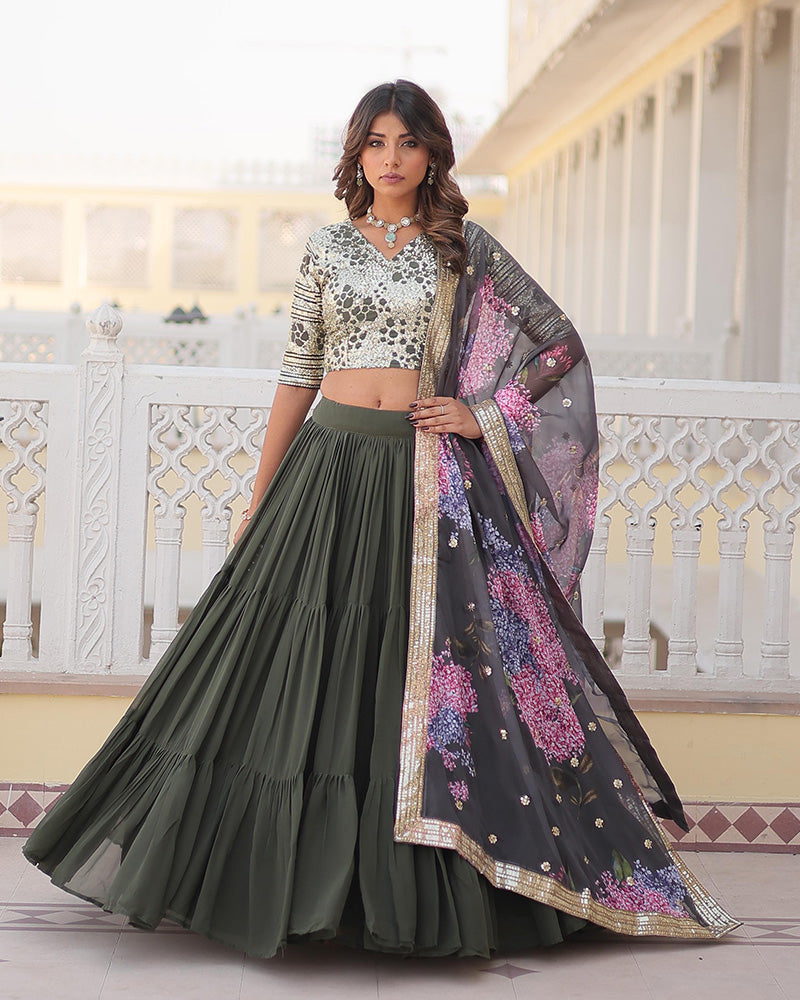 Womenline Mehndi Color Faux Georgette Frill Style Lehenga Choli