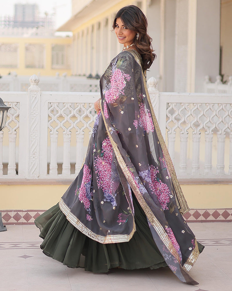 Womenline Mehndi Color Faux Georgette Frill Style Lehenga Choli