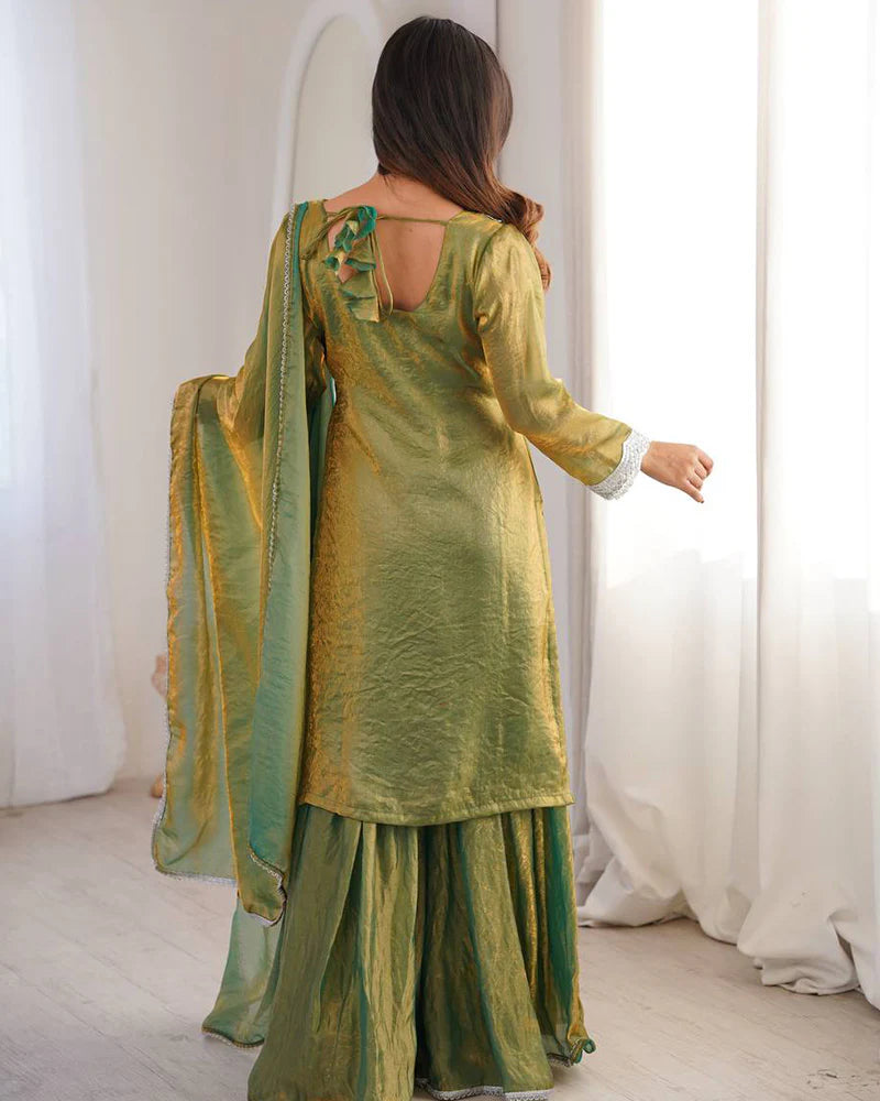 Womenline Mehndi Color Fendi Silk Three Piece Plazzo Suit