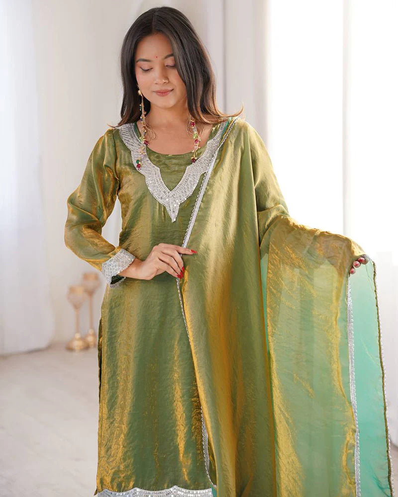 Womenline Mehndi Color Fendi Silk Three Piece Plazzo Suit