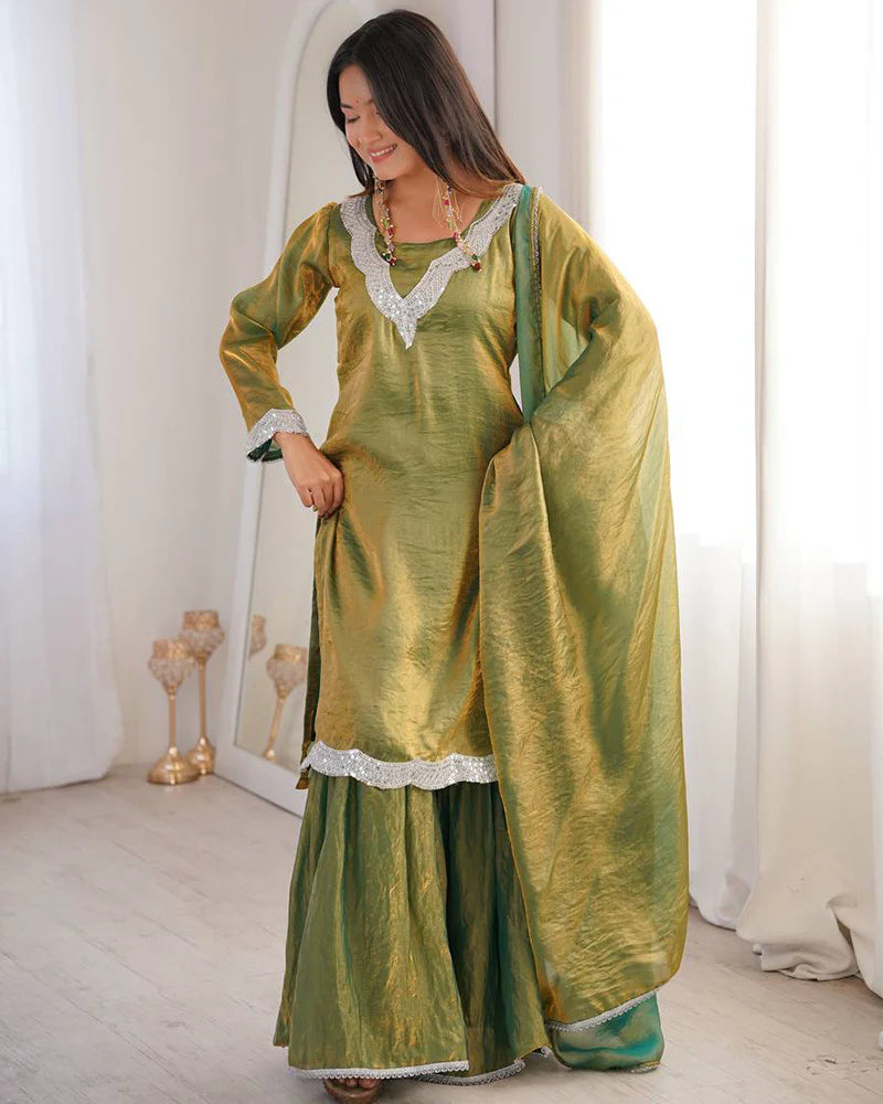 Womenline Mehndi Color Fendi Silk Three Piece Plazzo Suit