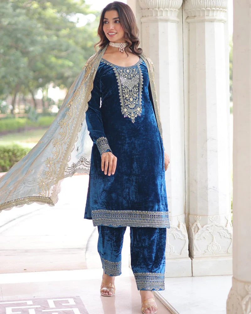 Womenline Morpich Color Velvet Three Piece Kurti Suit