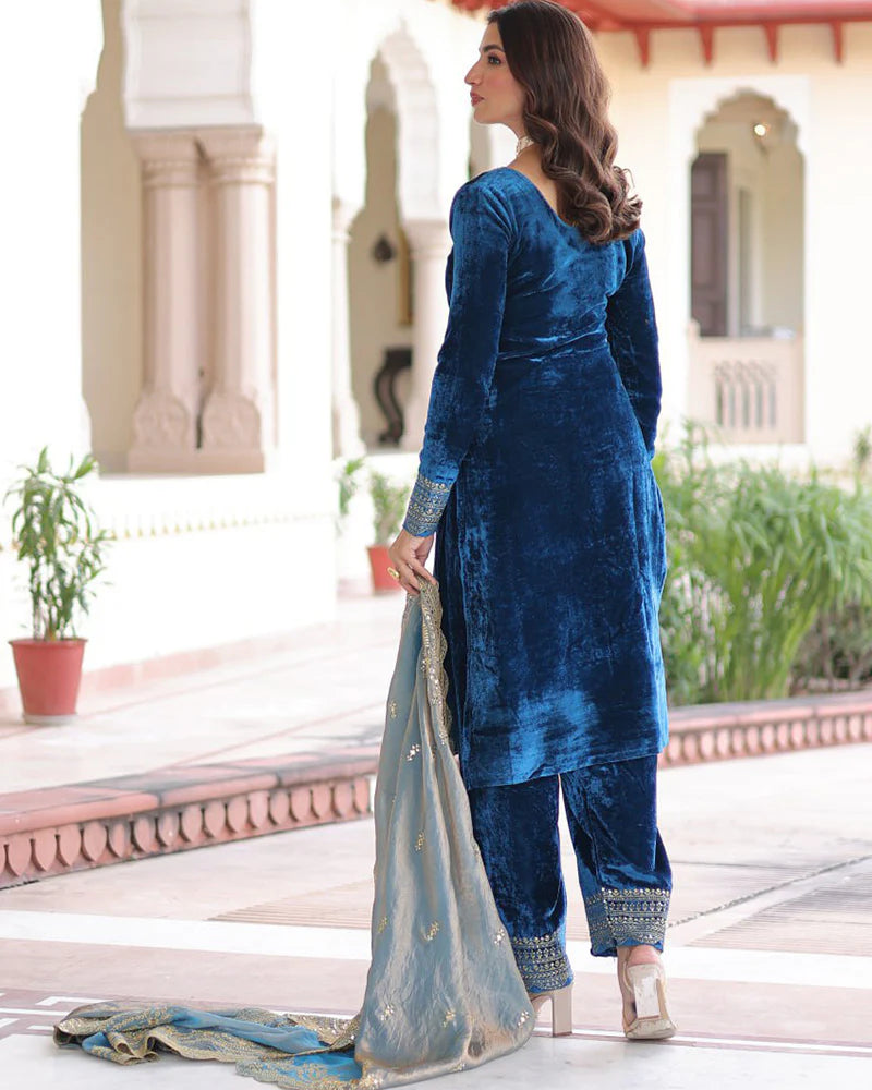 Womenline Morpich Color Velvet Three Piece Kurti Suit