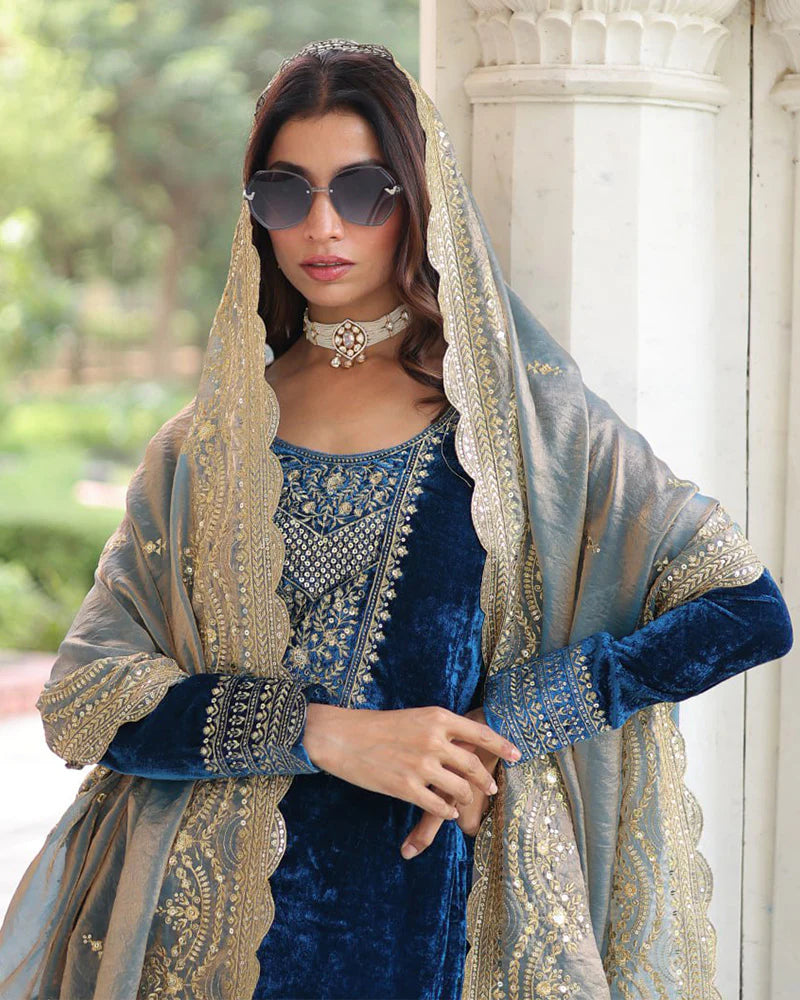 Womenline Morpich Color Velvet Three Piece Kurti Suit