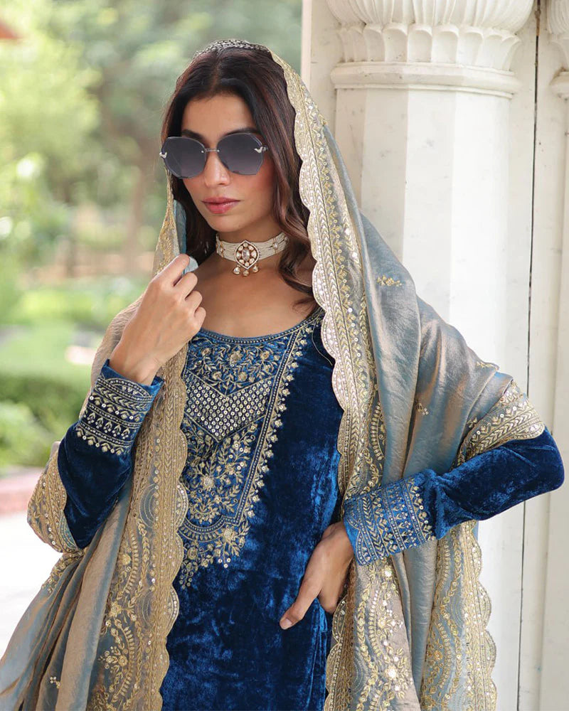Womenline Morpich Color Velvet Three Piece Kurti Suit