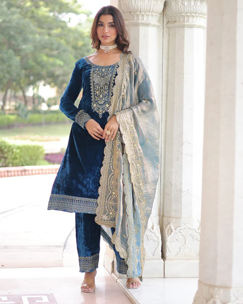 Womenline Morpich Color Velvet Three Piece Kurti Suit