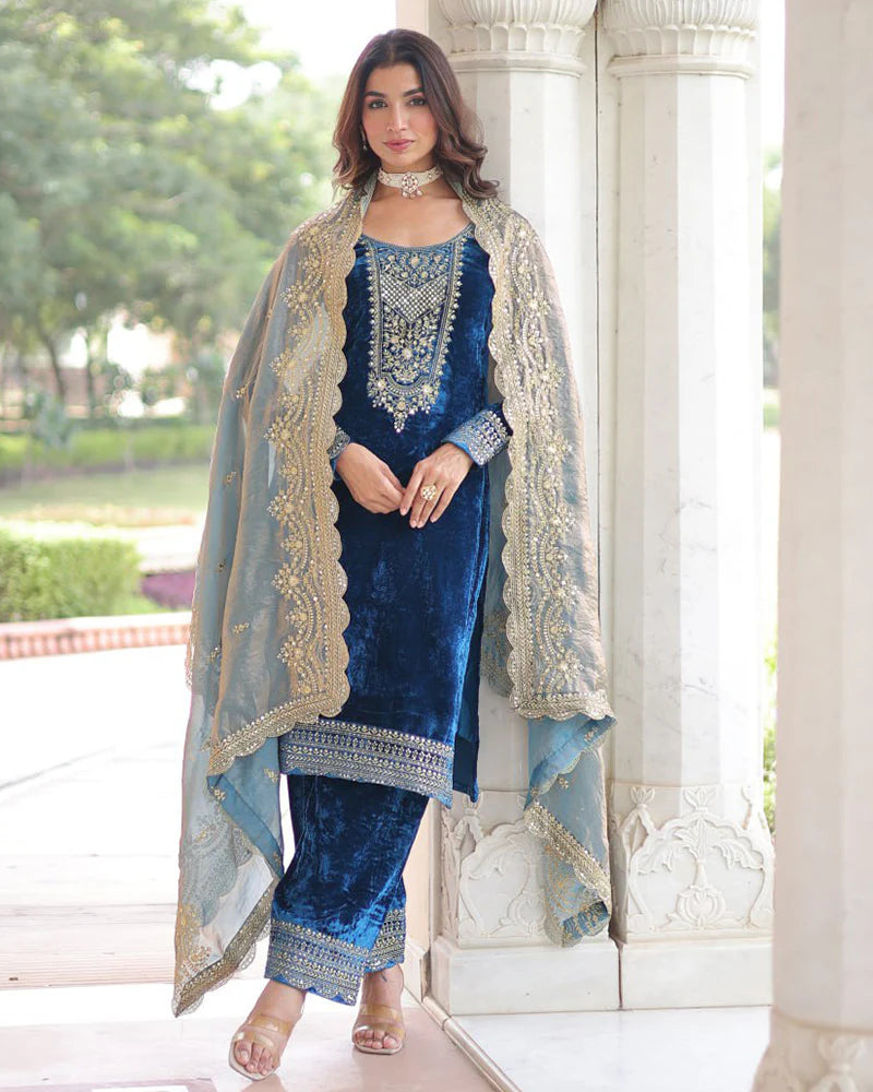 Womenline Morpich Color Velvet Three Piece Kurti Suit