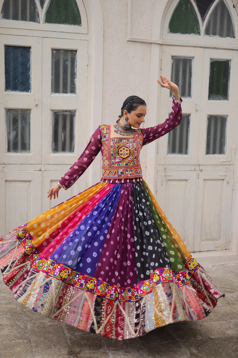 Womenline Multi Color Georgette Bandhani Print Navratri Lehenga Choli