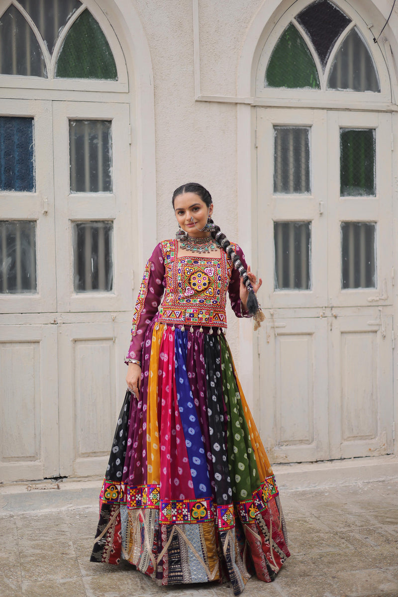 Womenline Multi Color Georgette Bandhani Print Navratri Lehenga Choli