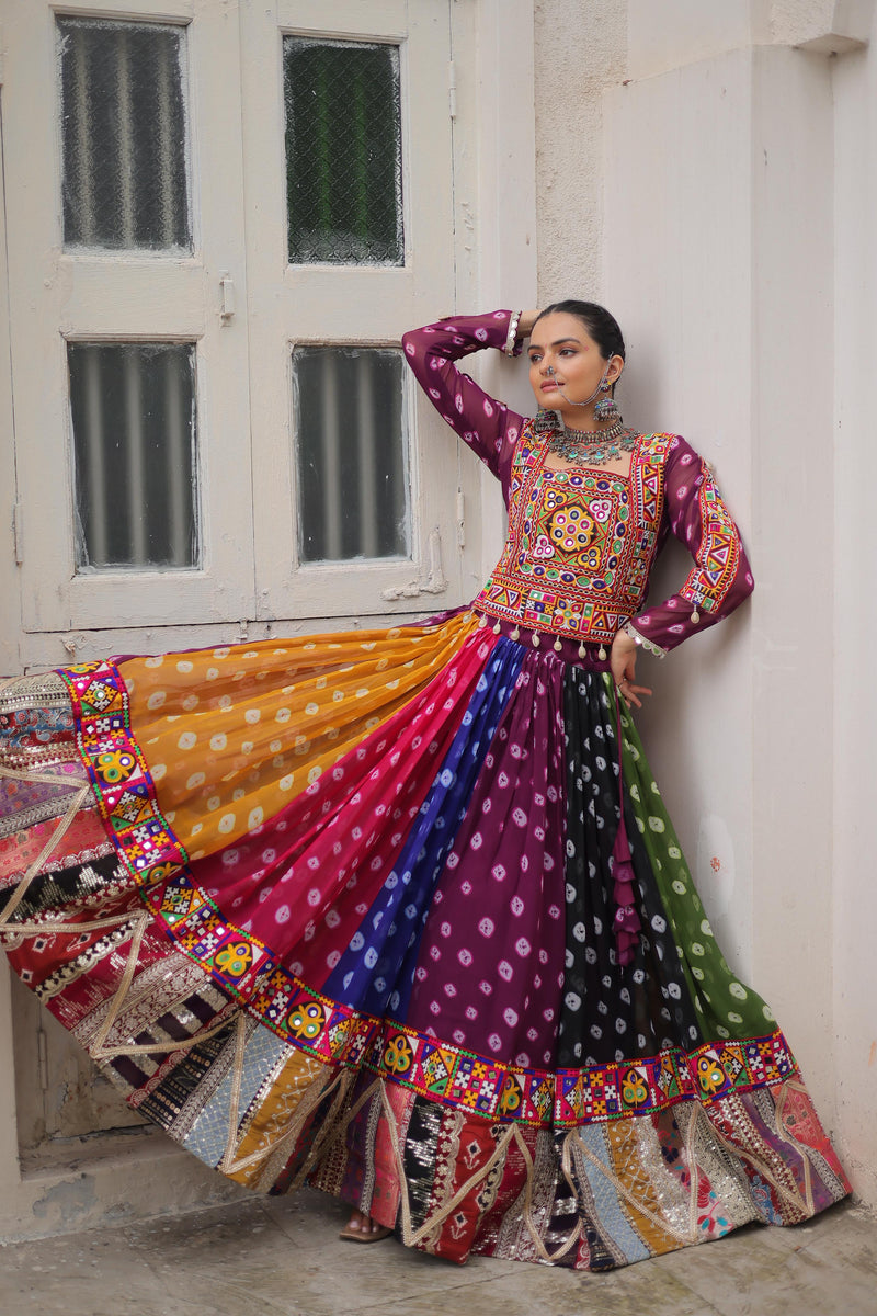 Womenline Multi Color Georgette Bandhani Print Navratri Lehenga Choli