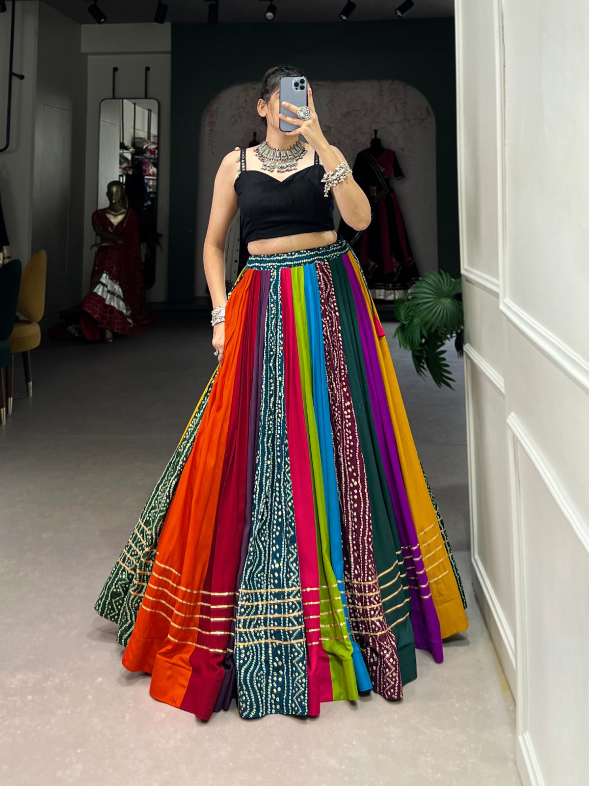 Womenline Multi Color Pure Rayon Navratri Lehenga With Black Choli